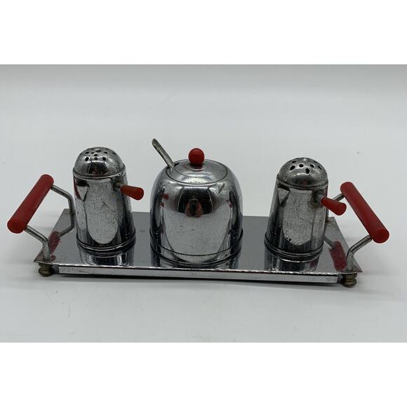 Vntg Occupied Japan chrome and bakelite minature condiment set Read 1940’s - Picture 1 of 6